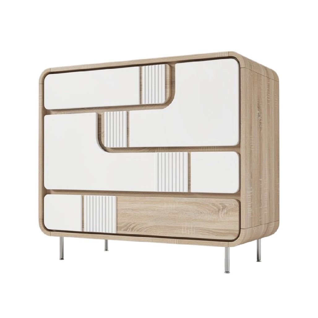 Moderne kast met witte panelen en houtlook